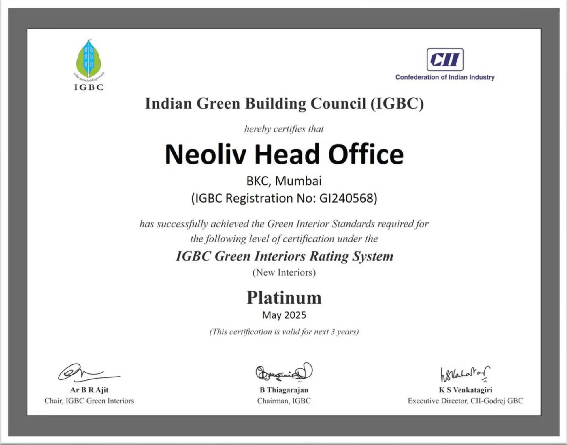 IGBC Green Interiors Rating System — Platinum Certification Certificate for Neoliv Head Office